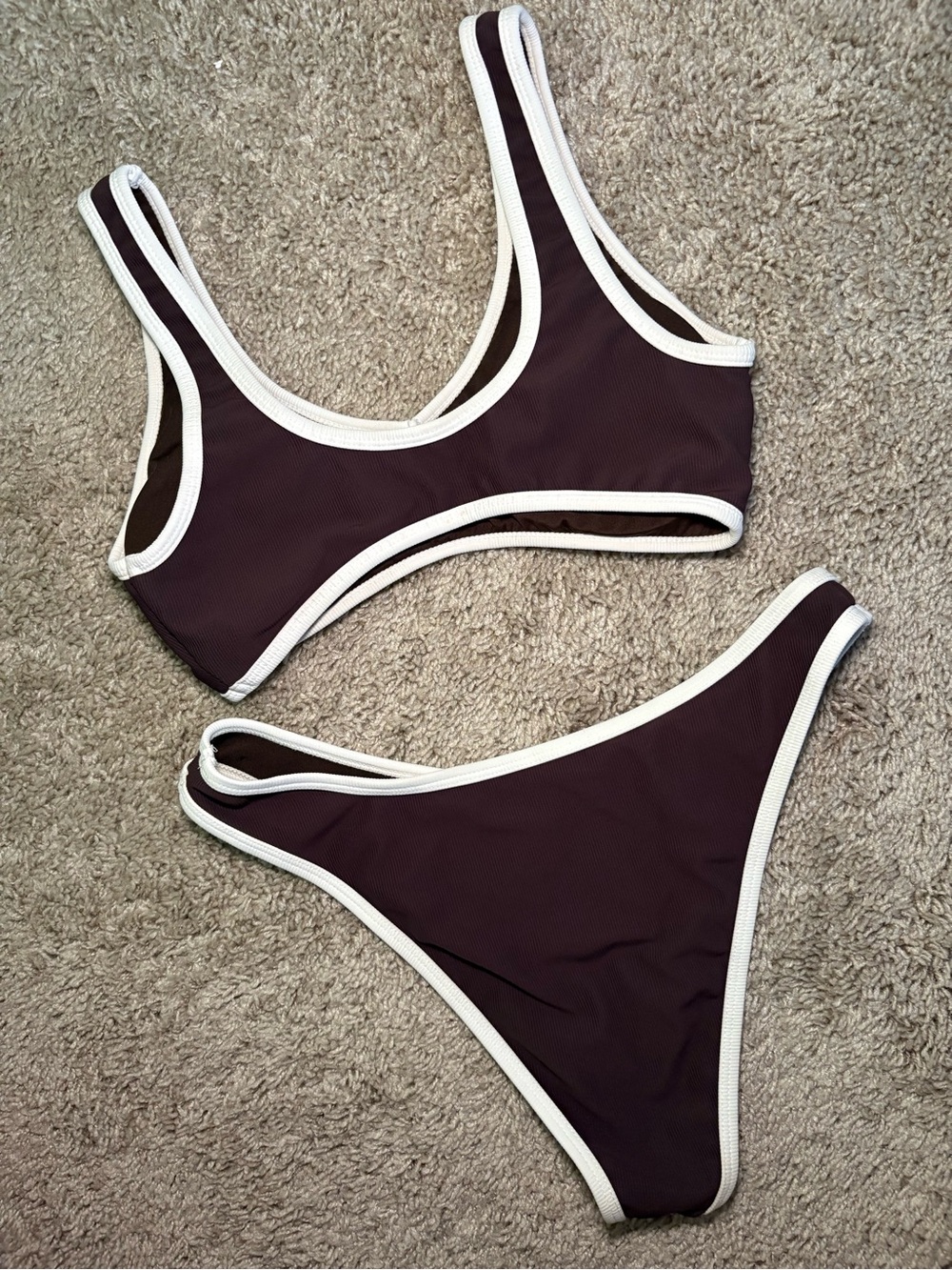 NWOT Wilo The Label Ribbed Bikini Set Brown Cream Trim Two Piece Swimsuit Small - Picture 2 of 4